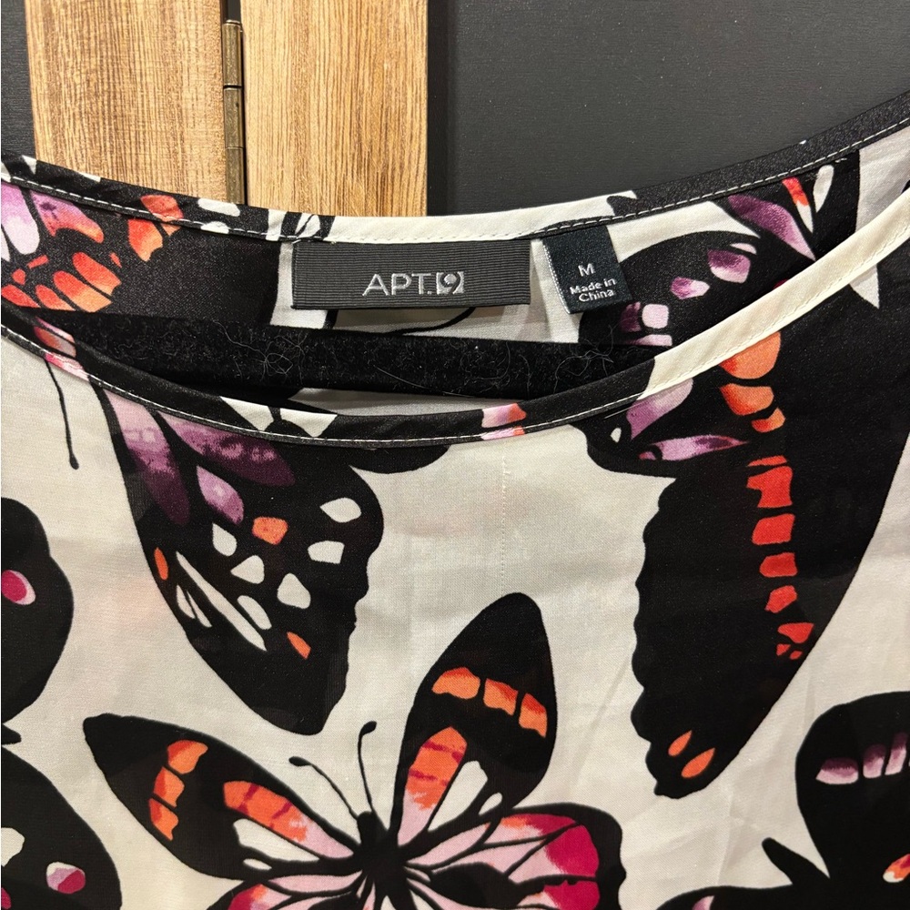 Apt. 9 White Blouse with Black Butterfly Print and Pink & Orange Accents